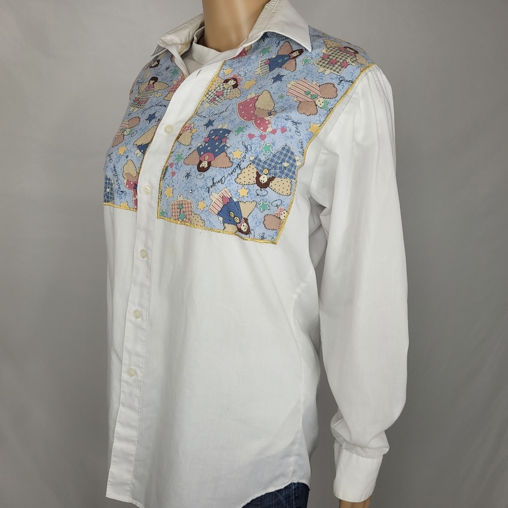 Vintage 1990s Patchwork Button Up Top, Guardian Angel Tapestry. Size L.